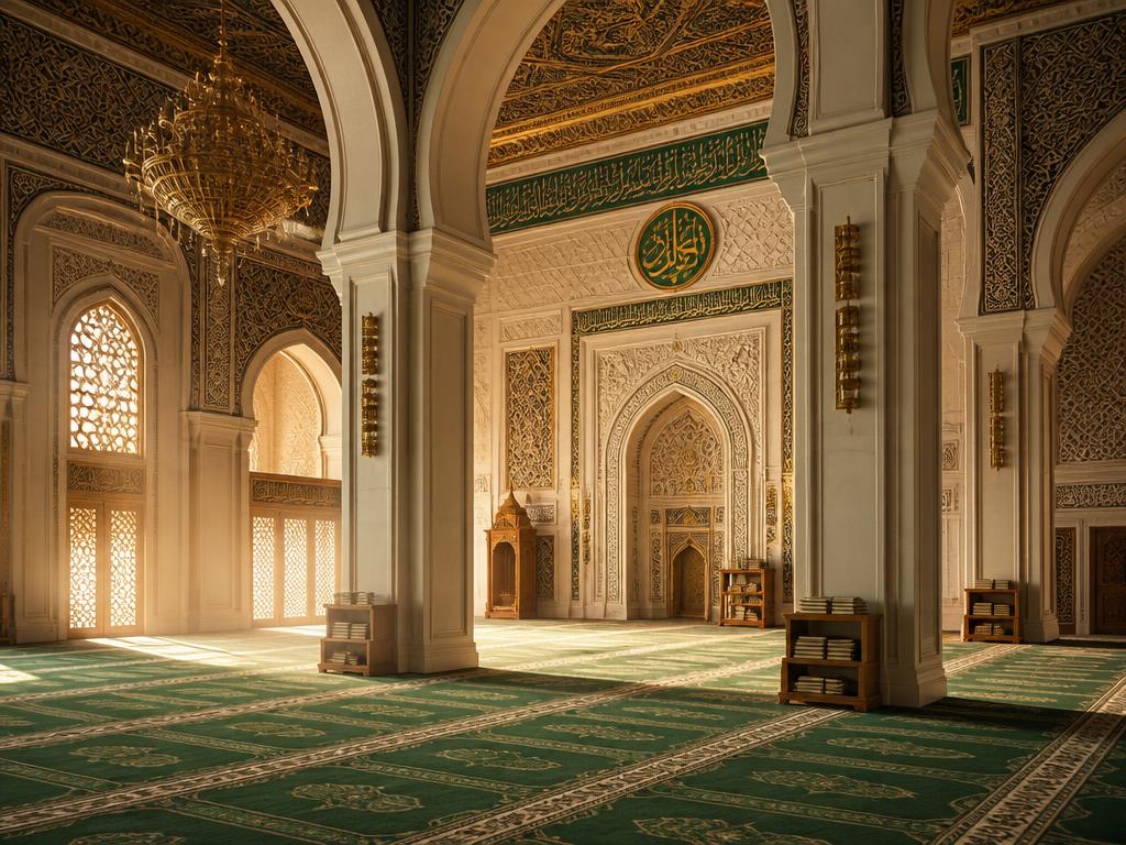 Det fredfyldte indre af Masjid Imam Abu Hanifa med islamiske geometriske mønstre